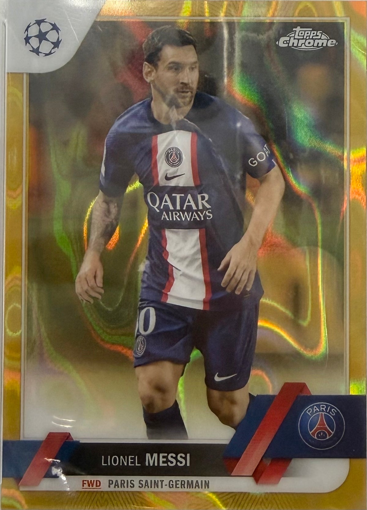 2022 TOPPS CHROME UEFA CC LIONEL MESSI GOLD LAVA REFRACTOR