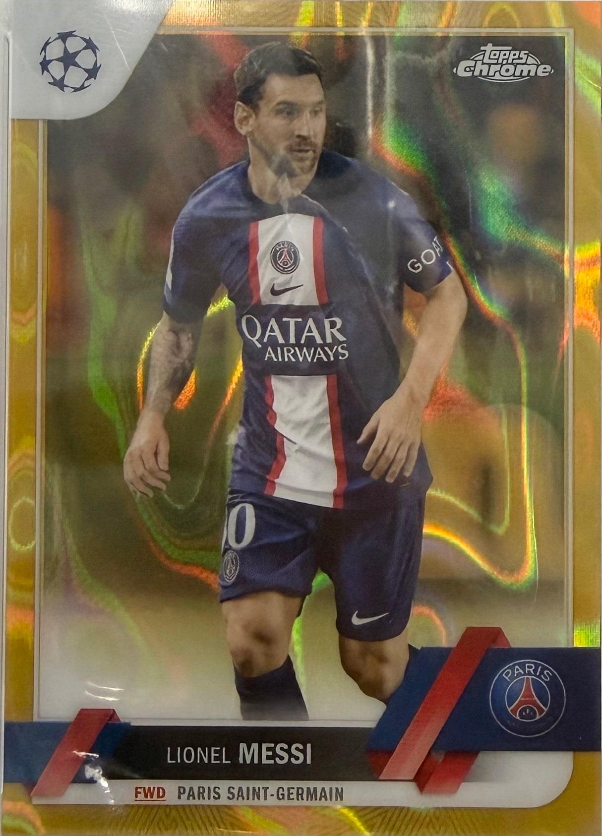 2022 TOPPS CHROME UEFA CC LIONEL MESSI GOLD LAVA REFRACTOR